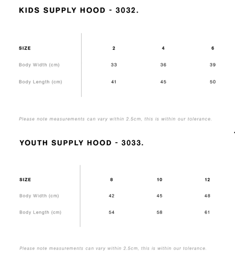 Size chart for