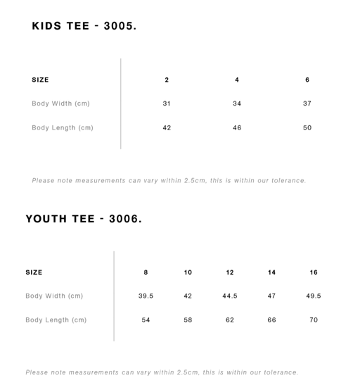 Size chart for