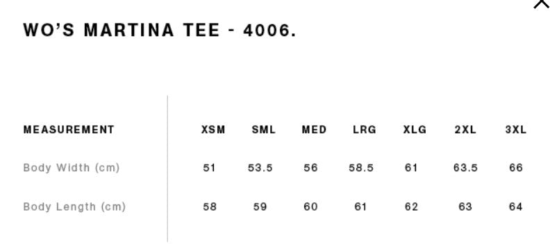 Size chart for