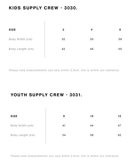 Size chart for