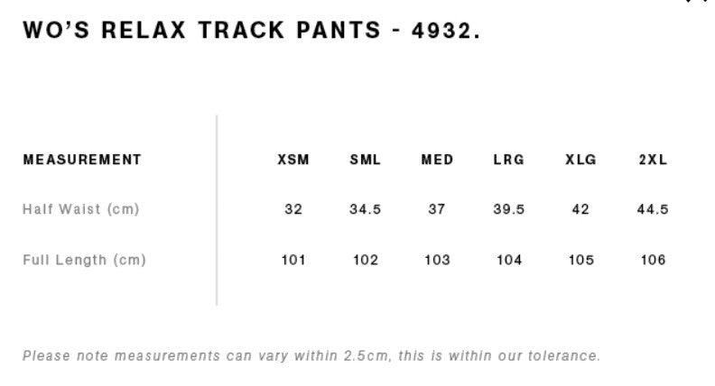 Size chart for Womens Premium Trackies - Lightning logo